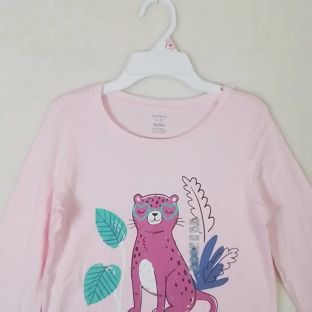 Carter's Kid Long Sleeve Cotton T-Shirt Girl's Size 10‎ Pink w/ Jungle Theme